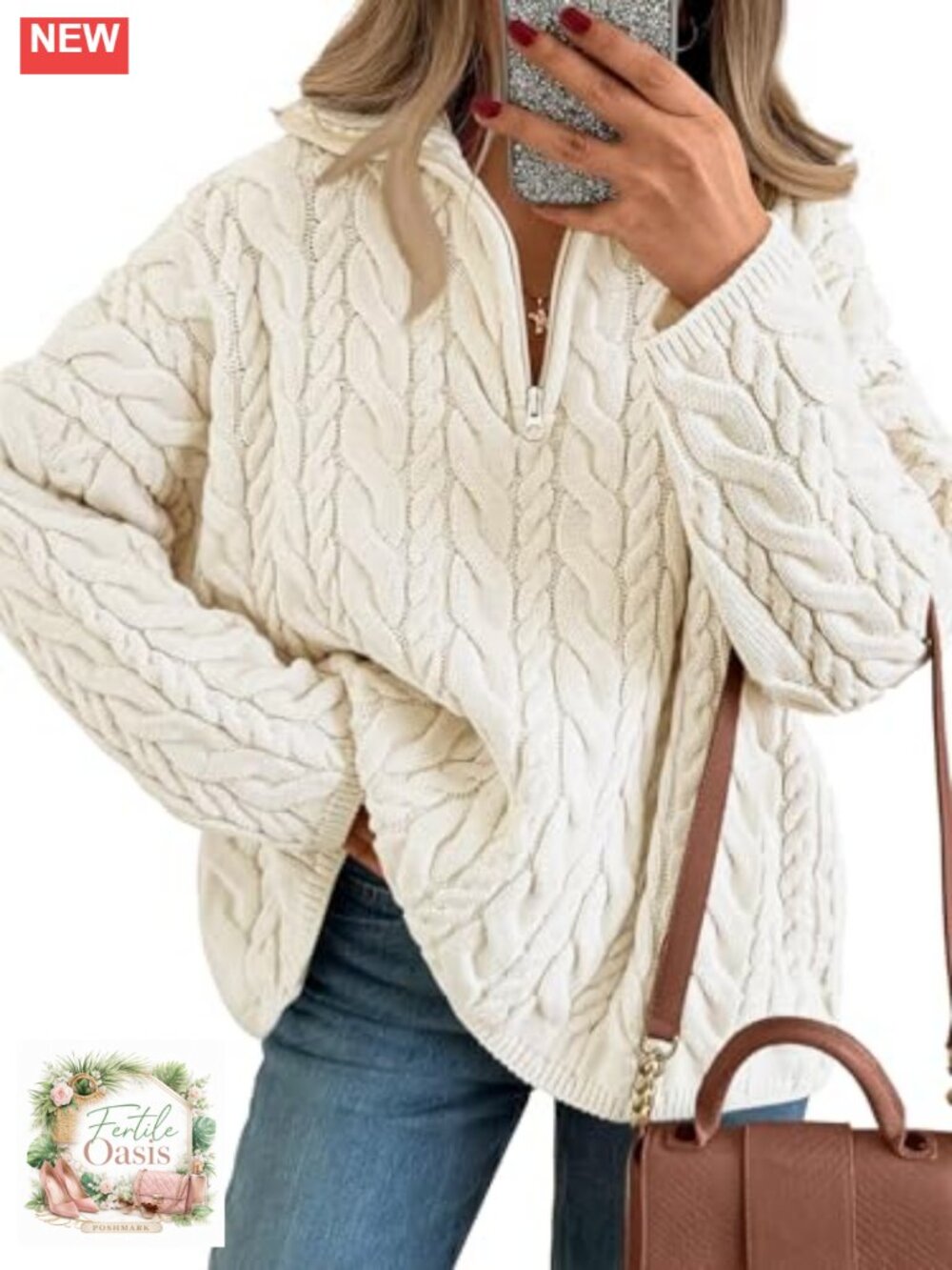 Women's Oversized Chunky Cable Knit Half-Zip Pullover Sweater Cotton Acrylic